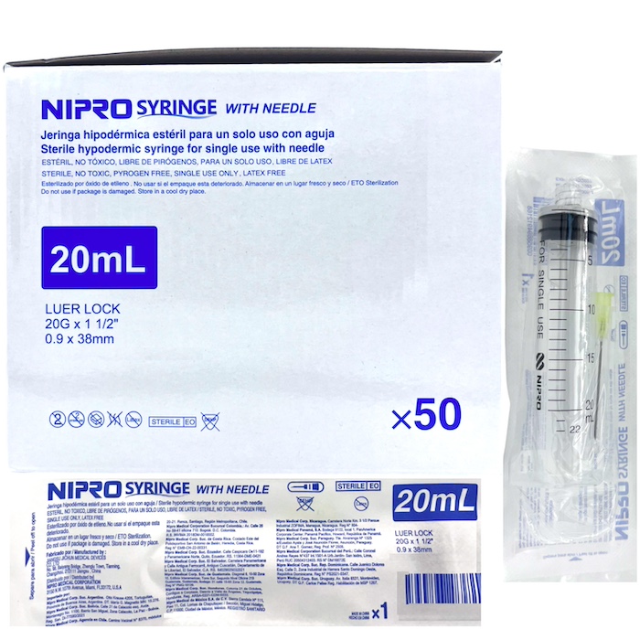 Jeringas de plástico 20 ml con aguja 20x38. Caja con 50 piezas. NIPRO