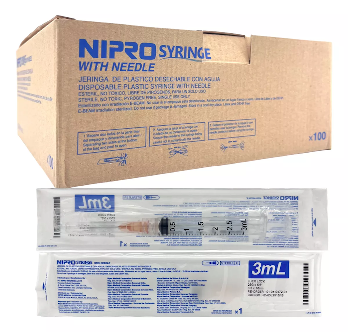 Jeringas de plástico 3 ml con aguja 25Gx16mm. Caja con 100 piezas. NIPRO