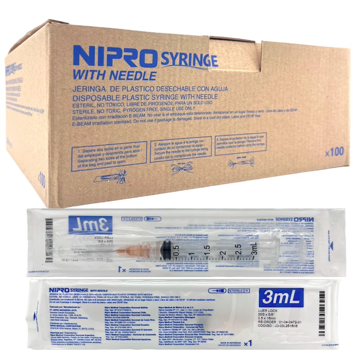 Jeringas de plástico 3 ml con aguja 25Gx16mm. Caja con 100 piezas. NIPRO