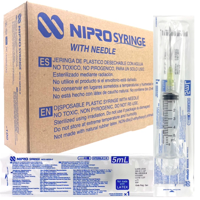 Jeringas de plástico 5 ml con aguja 20Gx38mm. Caja con 100 piezas. NIPRO