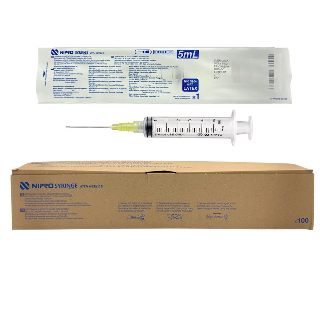 Jeringas de plástico 5 ml con aguja 20Gx38mm. Caja con 100 piezas. NIPRO