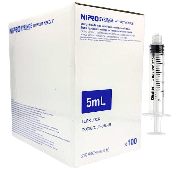 Jeringa de plástico 5 ml sin aguja. Caja con 100 piezas NIPRO