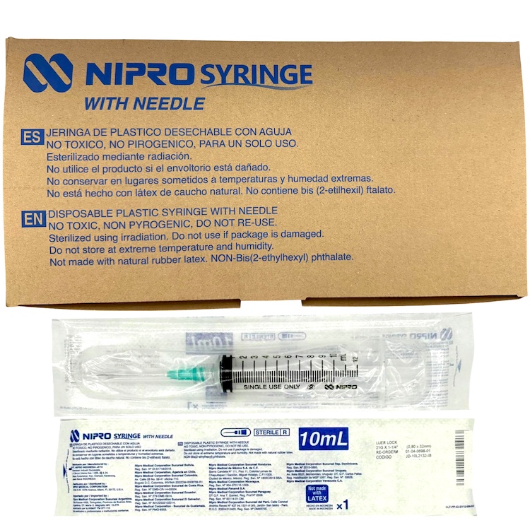 Jeringa de plástico de 10 ml con aguja 21G×32mm. Caja con 100 NIPRO