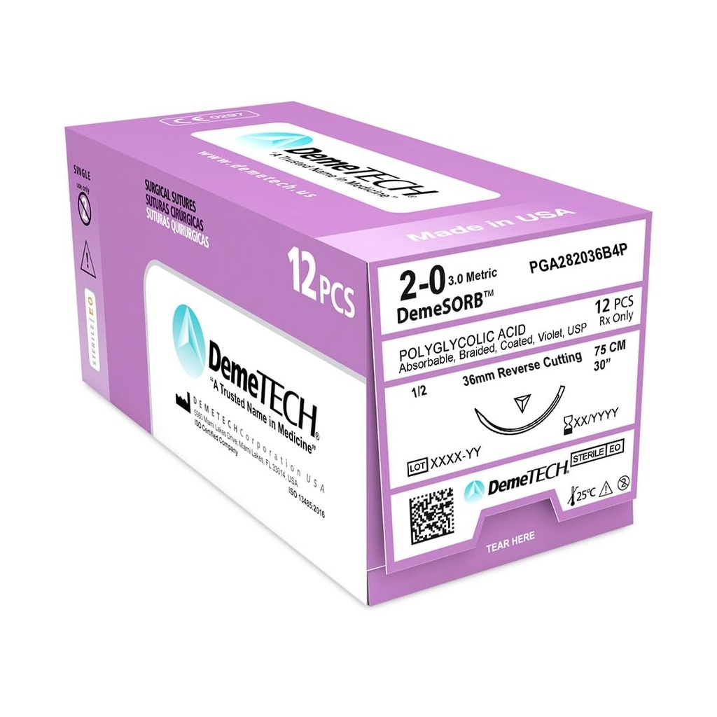 Sutura Acido Poliglicolico 2-0 aguja Reverso Cortante 36 mm 1/2 circulo hebra de 75 cm color Violeta. Caja con 12 (VICRYL)