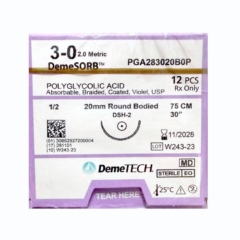 Sutura Acido Poliglicolico 3-0 aguja Ahusada 20 mm 1/2 circulo hebra de 75 cm color Violeta 1222950 