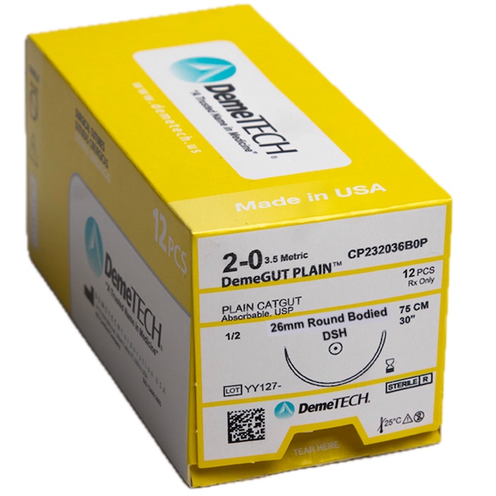 Sutura Catgut Simple 2-0 aguja Ahusada 26 mm 1/2 circulo hebra de 75 cm color amarillo 1221320