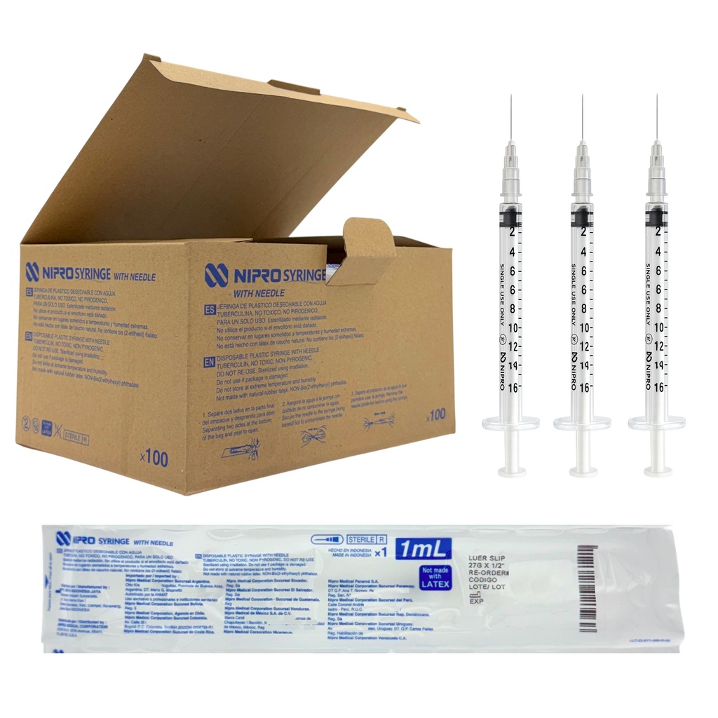 Jeringa de plástico de 1 ml con aguja 27G × 13mm para aplicación de Tuberculina. Caja con 100 piezas NIPRO
