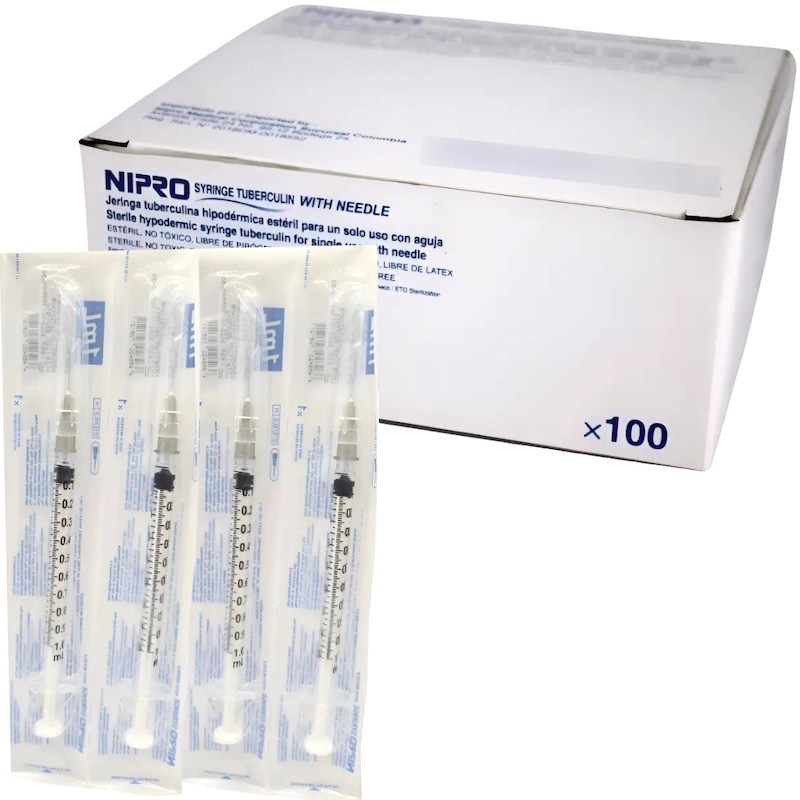 Jeringa de plástico de 1 ml con aguja 27G × 13mm para aplicación de Tuberculina. Caja con 100 piezas NIPRO