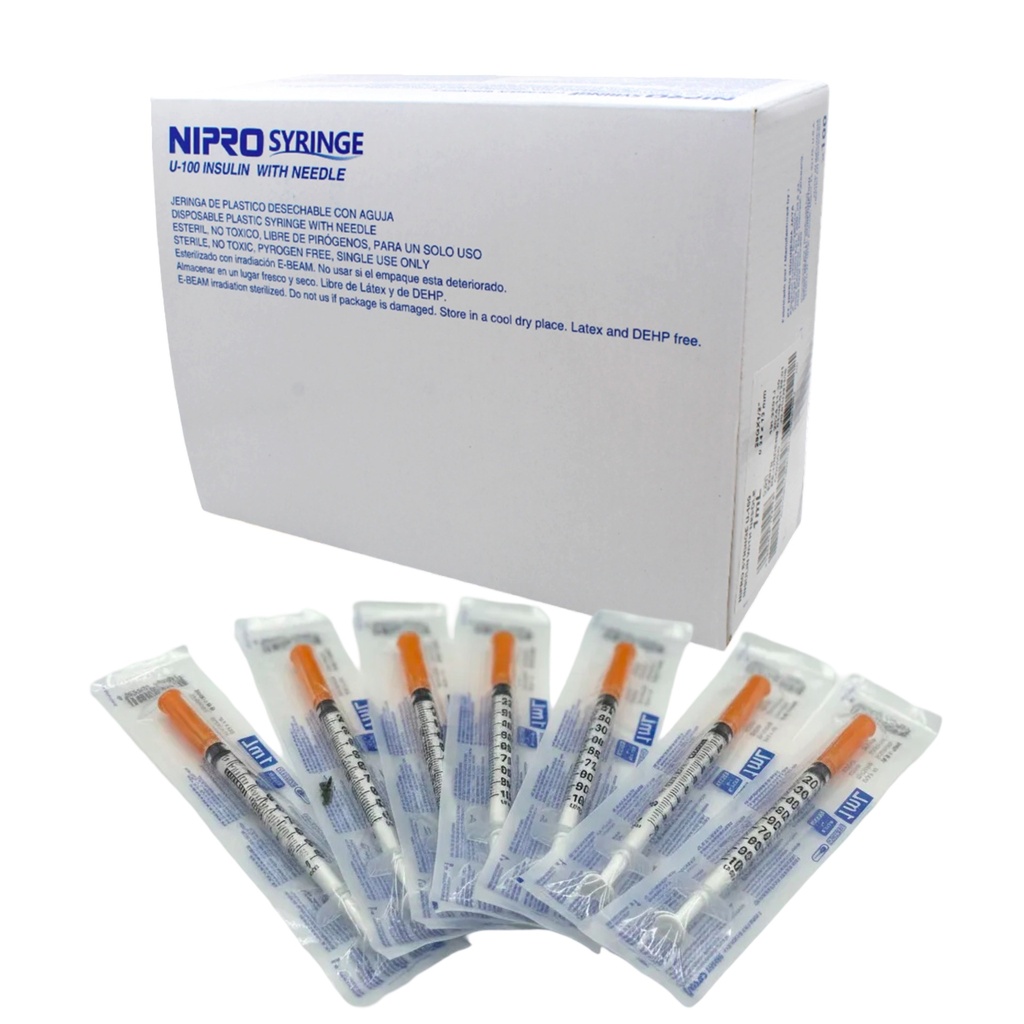 Jeringa para insulina 1 ml. con aguja calibre 27 G x 13 mm Caja con 100 piezas NIPRO