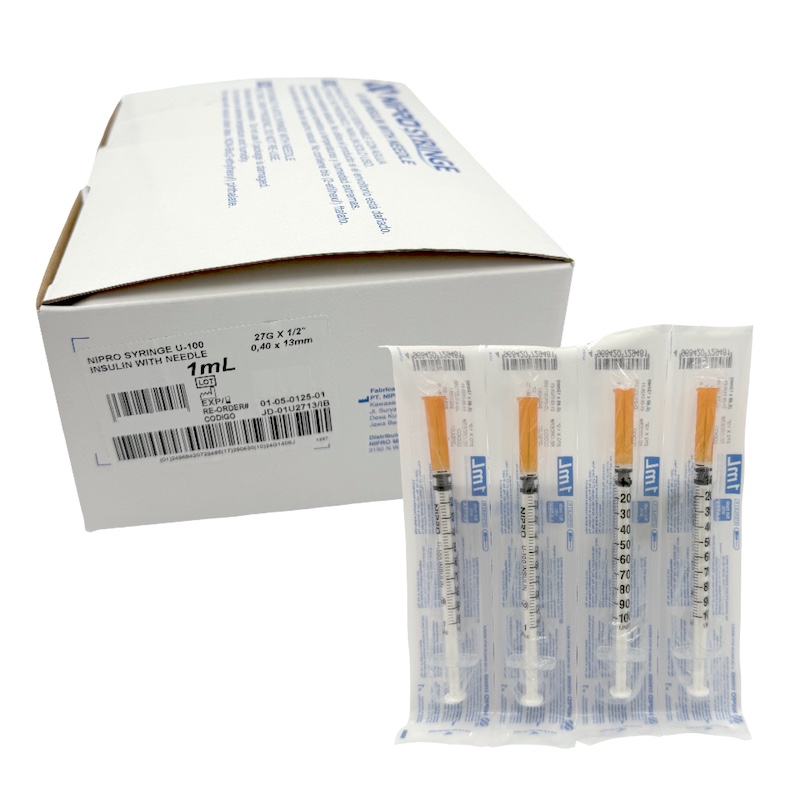 Jeringa para insulina 1 ml. con aguja calibre 27 G x 13 mm Caja con 100 piezas NIPRO