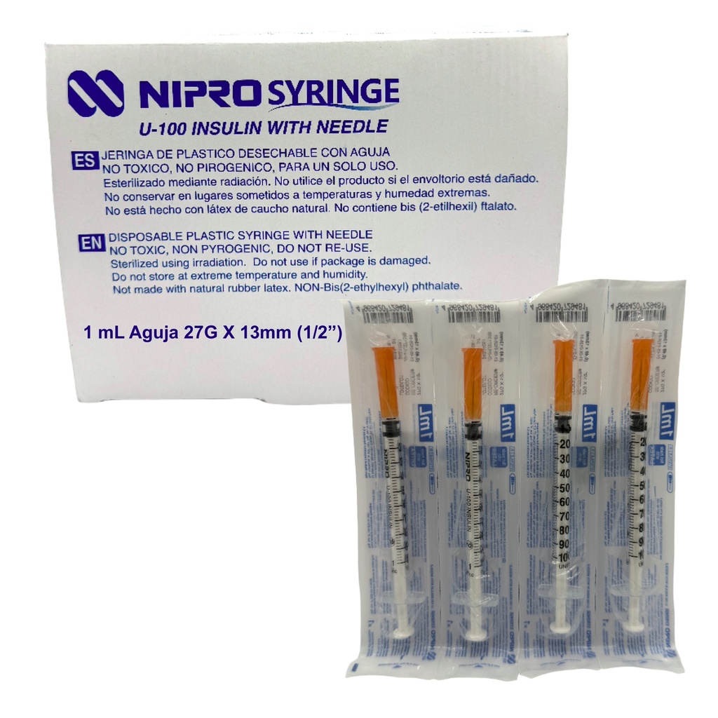 Jeringa para insulina 1 ml. con aguja calibre 27 G x 13 mm Caja con 100 piezas NIPRO