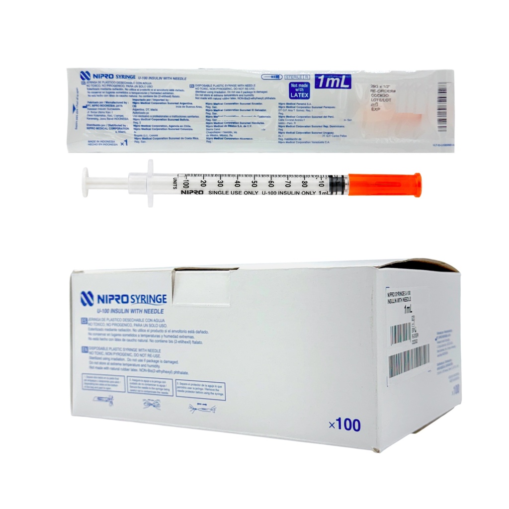 Jeringa para insulina 1 ml. con aguja calibre 29 G x 13 mm Caja con 100 piezas NIPRO 