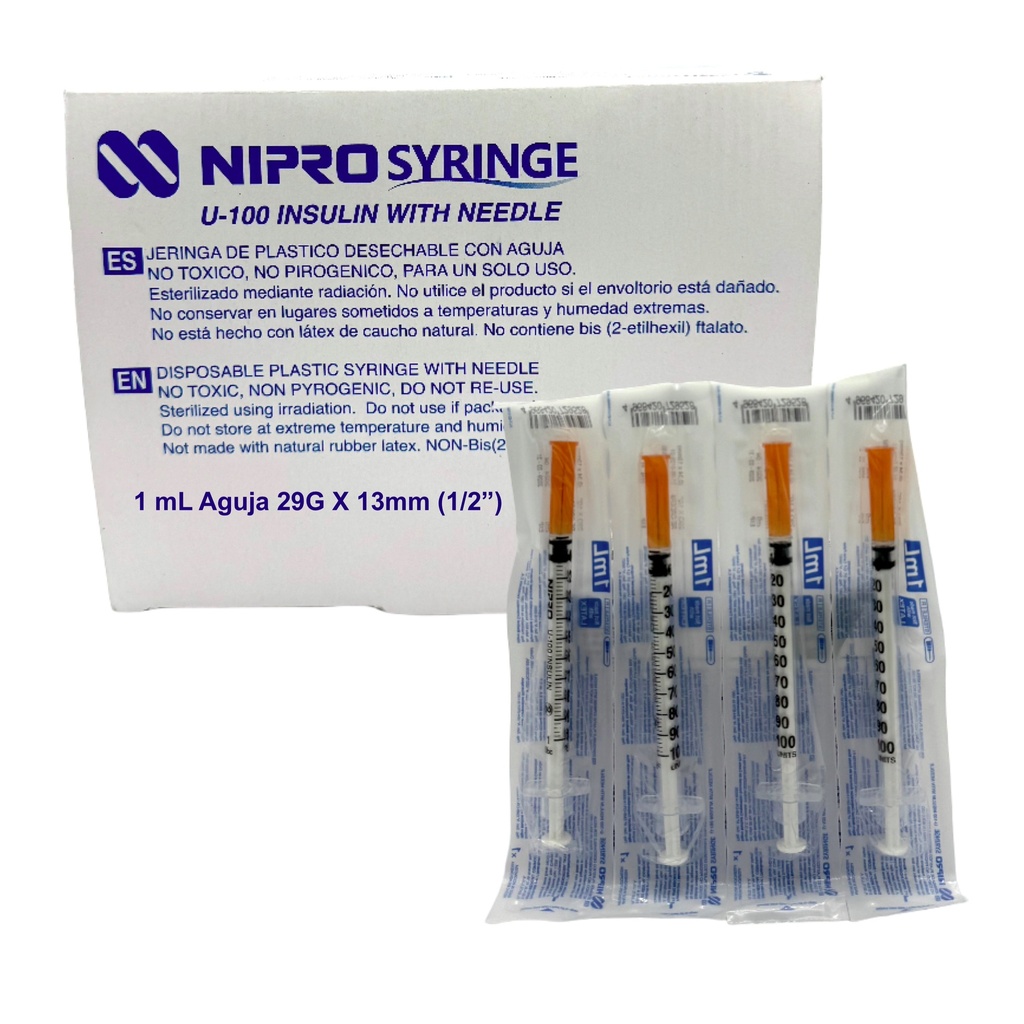 Jeringa para insulina 1 ml. con aguja calibre 29 G x 13 mm Caja con 100 piezas NIPRO 