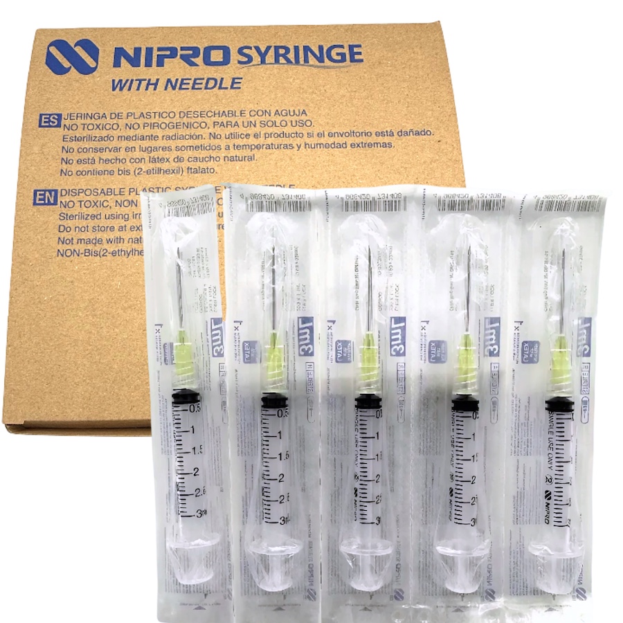 Jeringas de plástico 3 ml con aguja 20G x 32mm. Caja con 100 piezas. NIPRO 