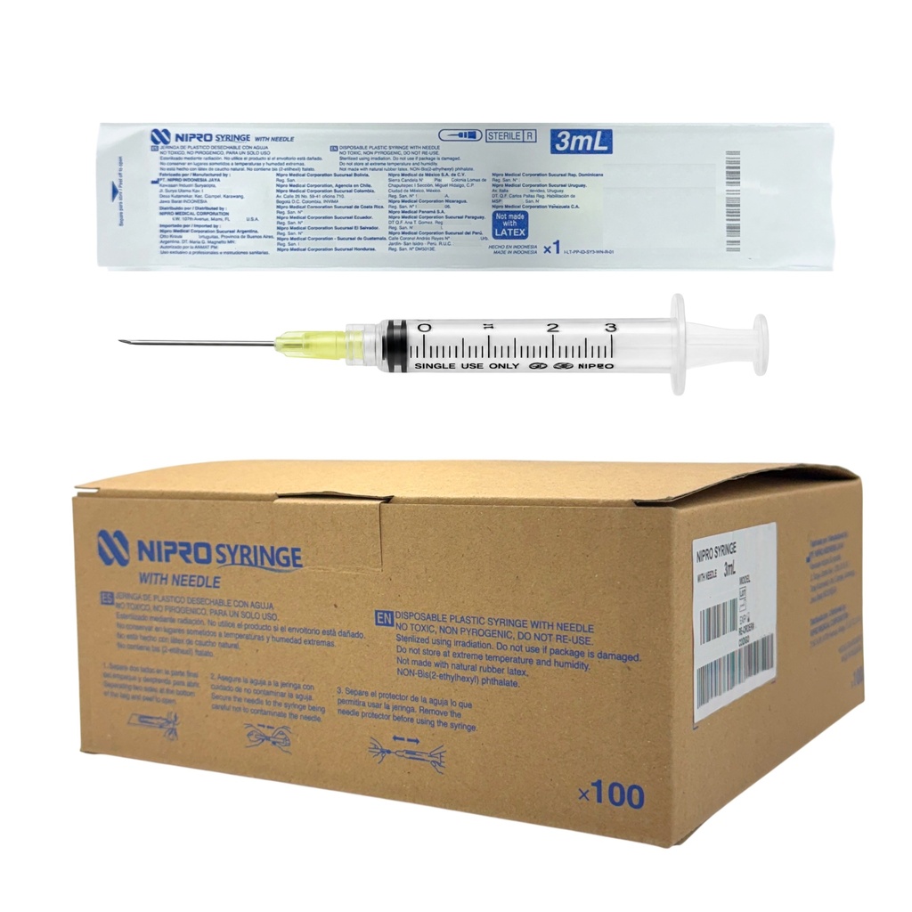 Jeringas de plástico 3 ml con aguja 20G x 32mm. Caja con 100 piezas. NIPRO 