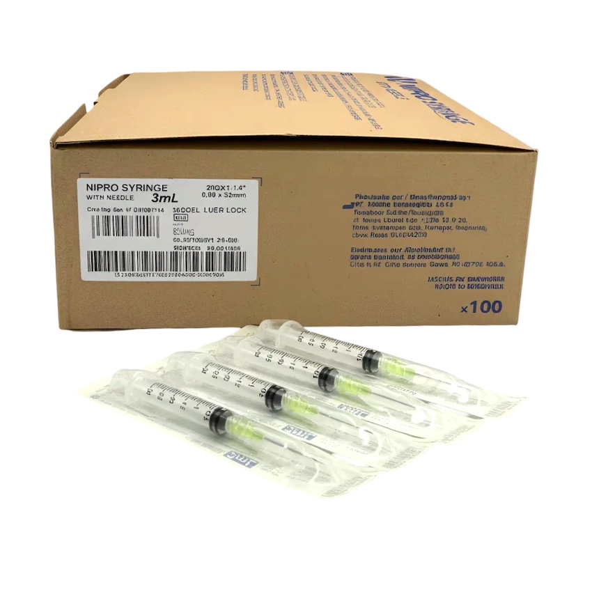 Jeringas de plástico 3 ml con aguja 20Gx32mm. Caja con 100 piezas. NIPRO 