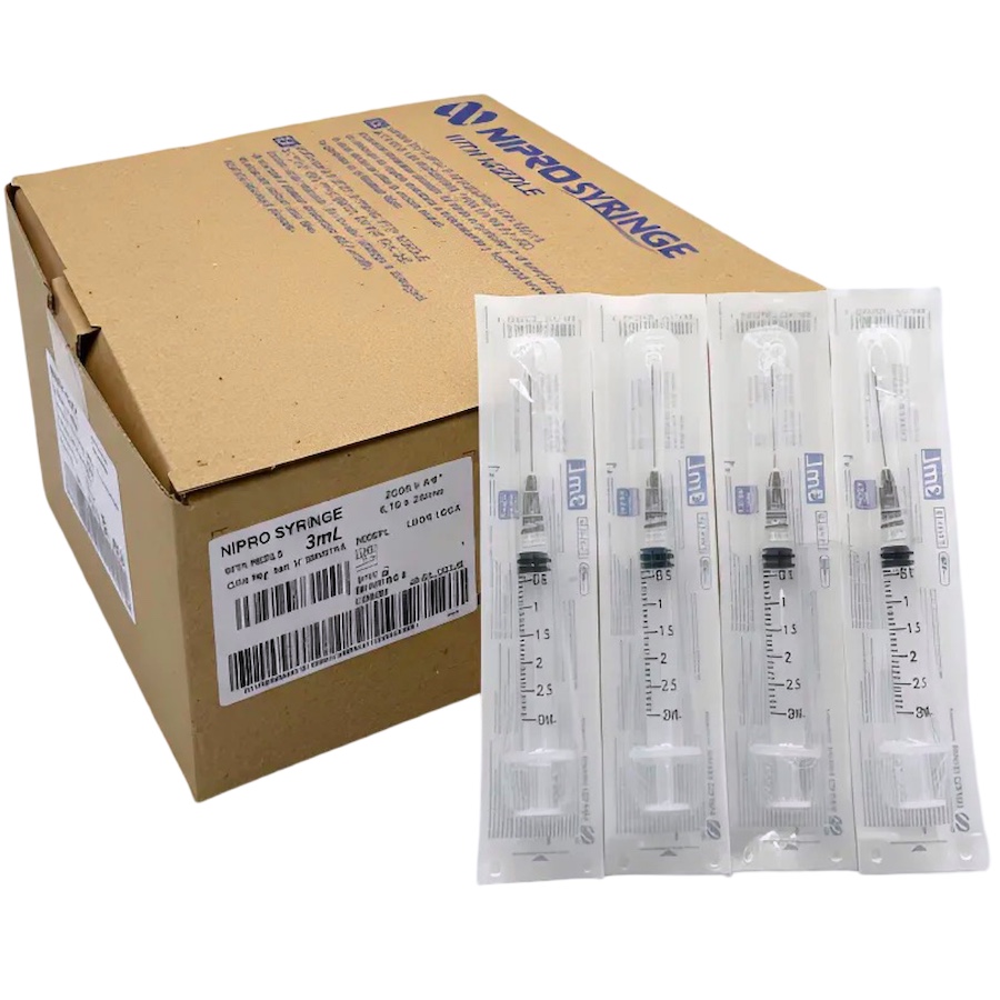 Jeringas de plástico 3 ml con aguja 22G x 32mm. Caja con 100 piezas. NIPRO   