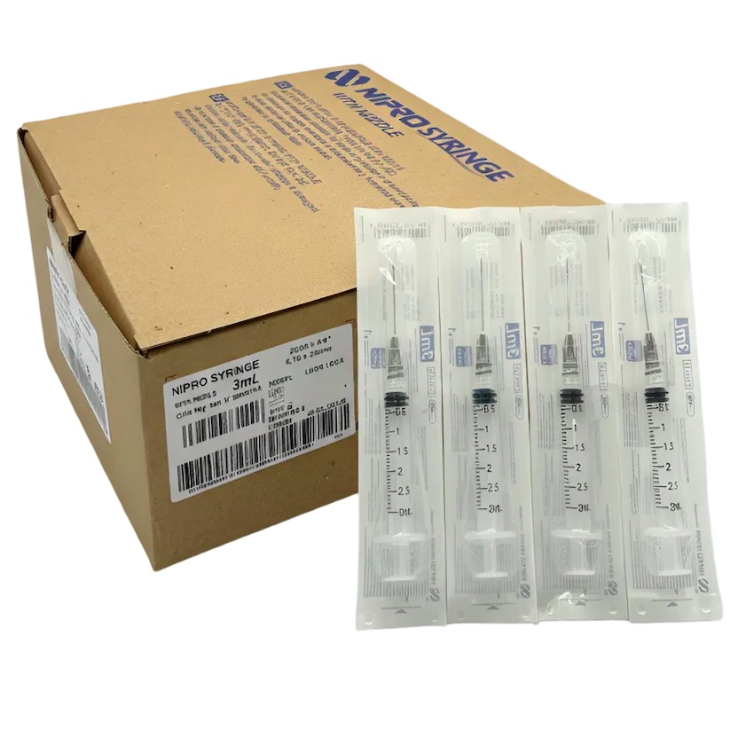Jeringas de plástico 3 ml con aguja 22Gx32mm. Caja con 100 piezas. NIPRO   
