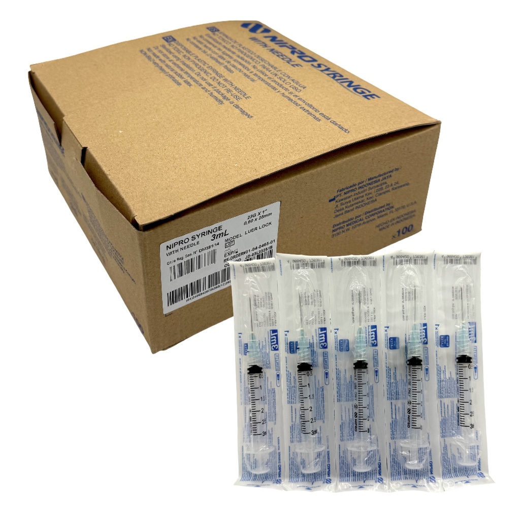 Jeringas de plástico 3 ml con aguja 23G x 25mm. Caja con 100 piezas. NIPRO    