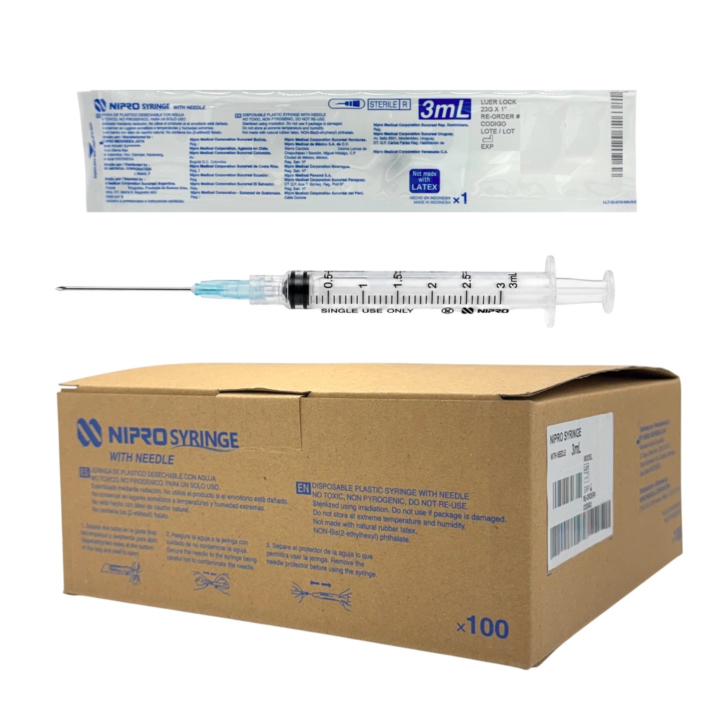 Jeringas de plástico 3 ml con aguja 23G x 25mm. Caja con 100 piezas. NIPRO    