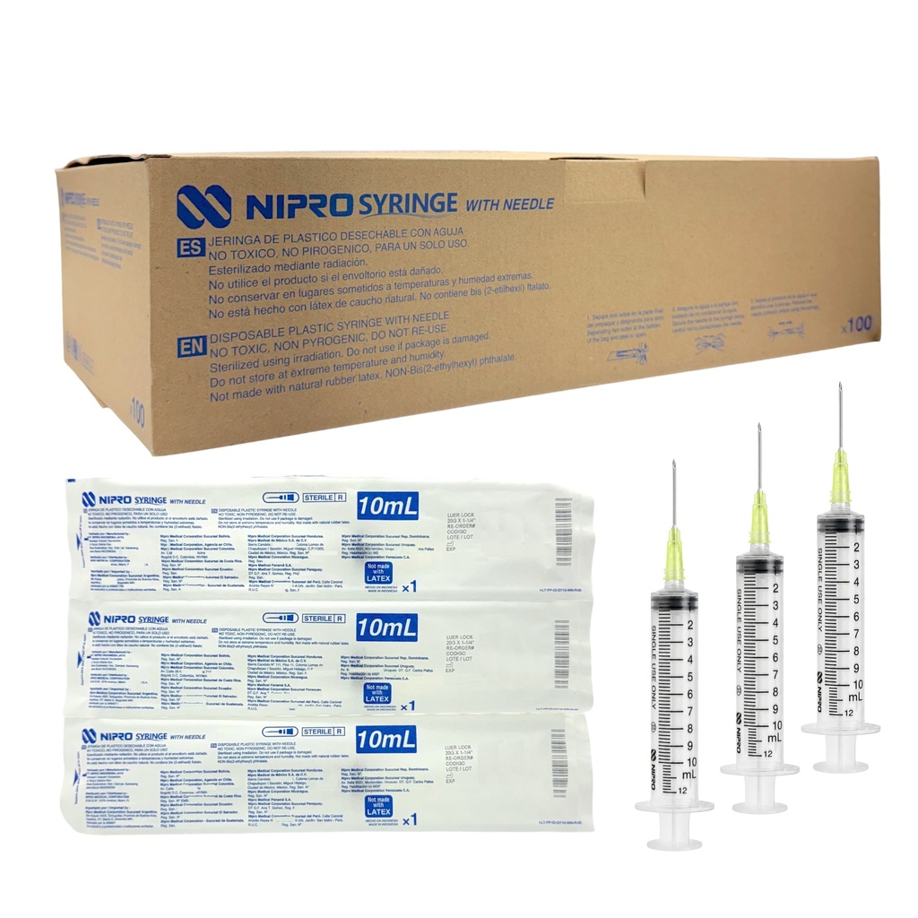 Jeringa de plástico de 10 ml con aguja 20G × 32mm. Caja con 100 NIPRO 