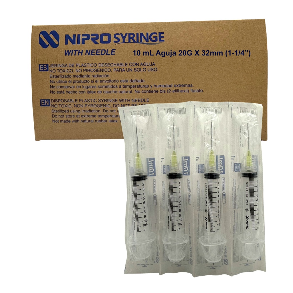 Jeringa de plástico de 10 ml con aguja 20×32. Caja con 100 NIPRO 