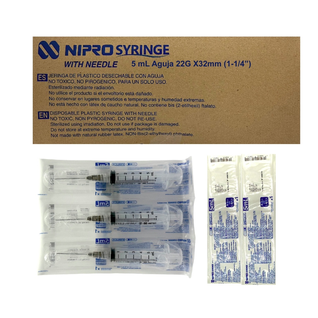 Jeringa de plástico 5 ml con aguja 22×32. Caja con 100 piezas NIPRO 