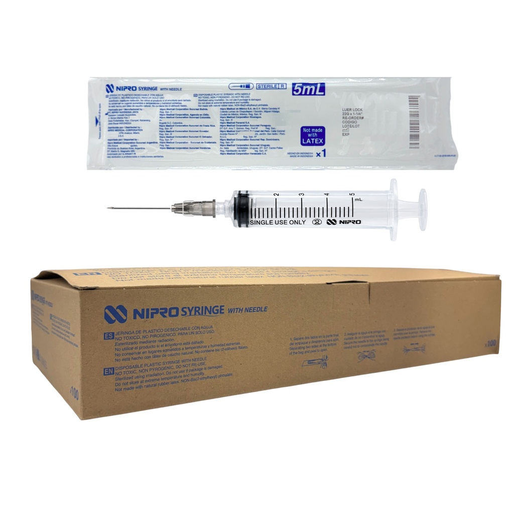 Jeringa de plástico 5 ml con aguja 22×32. Caja con 100 piezas NIPRO 