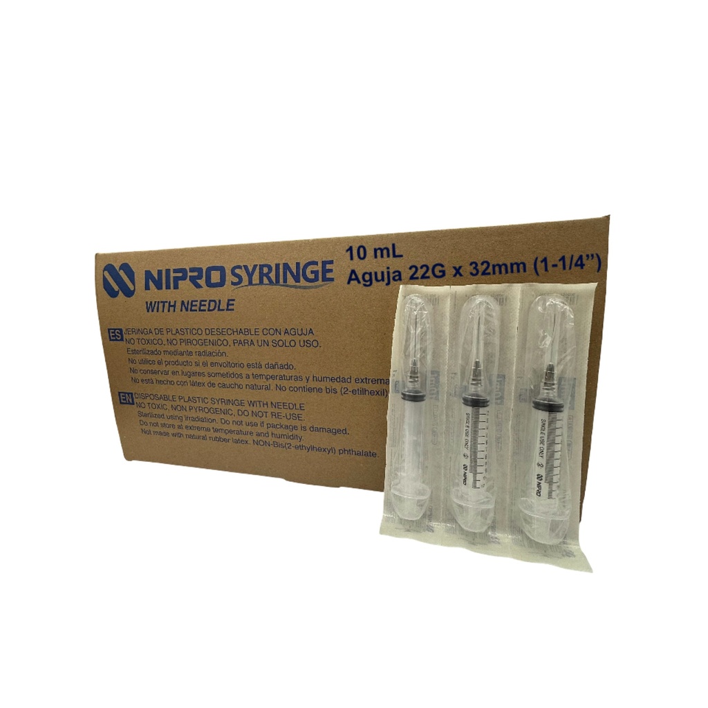 Jeringa de plástico de 10 ml con aguja 22×32. Caja con 100 NIPRO 