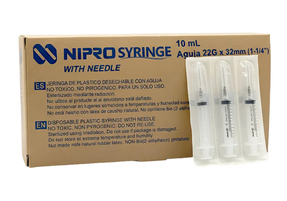 Jeringa de plástico de 10 ml con aguja 22G×32mm. Caja con 100 NIPRO 
