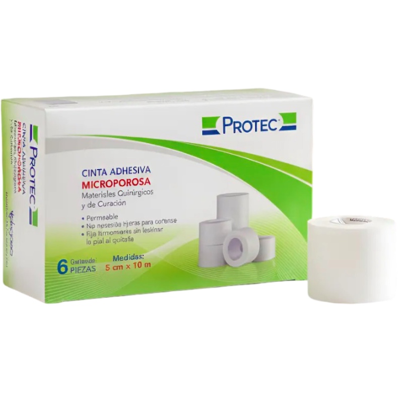 Cinta Microporosa de tela no tejida 5 cm x 10 mts. Caja con 6 Piezas PROTEC