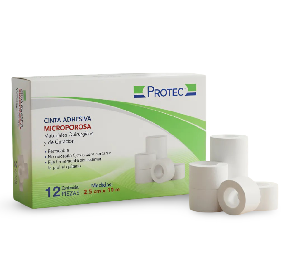 Cinta Microporosa de tela no tejida 2.5 cm x 10 mts. Caja con 12 Piezas PROTEC
