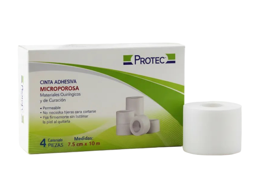 Cinta Microporosa de tela no tejida 7.5 cm x 10 mts. Caja con 4 PROTEC