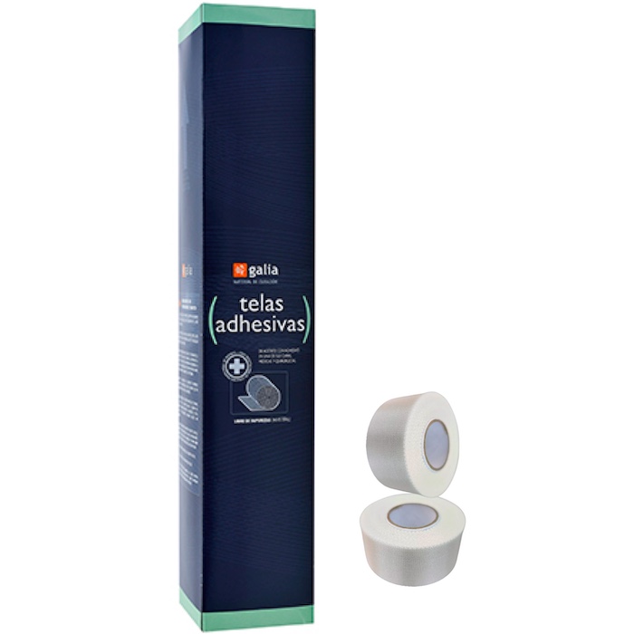 Telas adhesivas de acetato medidas 2.5 cm x 10 mts. Caja con 12 piezas. GALIA