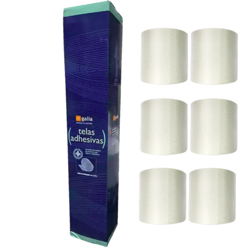 Telas adhesivas de acetato medidas 5 cm x 10 mts. Caja con 6 piezas. GALIA