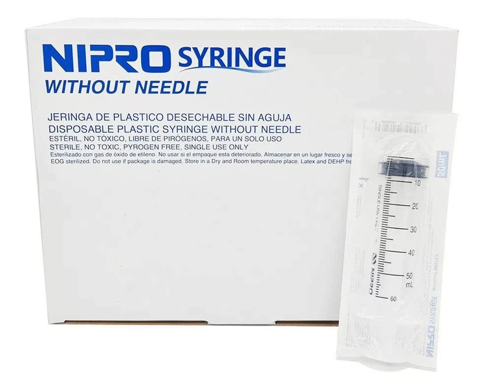 Jeringas de plástico 50 ml sin aguja NIPRO, caja con 25 piezas.  
