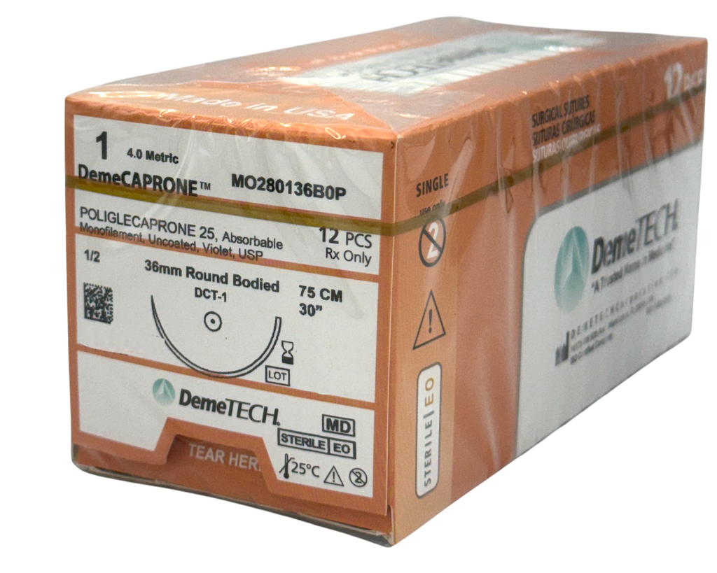 Sutura monocryl 1 épsilon-caprolactona con color hebra 75 cm Aguja ahusada de 1/2 círculo 36 mm. Caja con 12 piezas Demetech