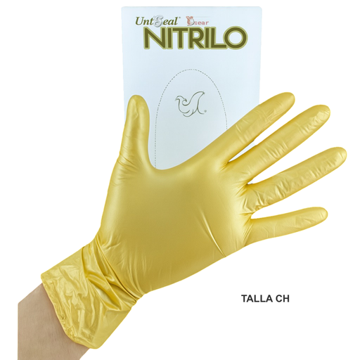 Guante Nitrilo No estéril Metálico UNISEAL Para examen Libre de Polvo Texturizado color Dorado Talla Chico, Caja con 100 guantes.