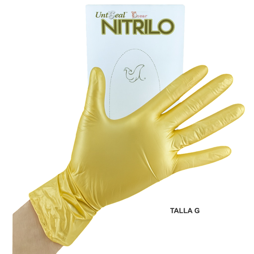Guante Nitrilo No estéril Metálico UNISEAL Para examen Libre de Polvo Texturizado color Dorado Talla Grande, Caja con 100 guantes. 