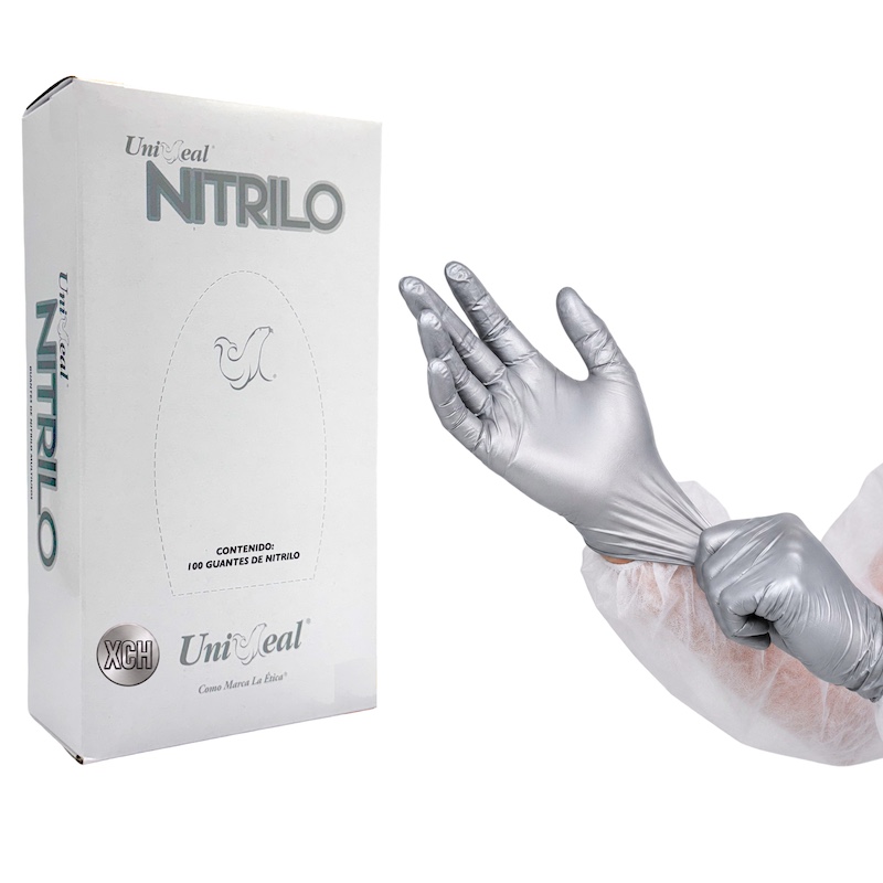 Guante Nitrilo No estéril Metálico UNISEAL Para examen Libre de Polvo Texturizado color Plateado Talla Extra chico, Caja con 100 guantes.