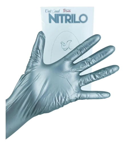Guante Nitrilo No estéril Metálico UNISEAL Para examen Libre de Polvo Texturizado color Plateado Talla Mediano, Caja con 100 guantes. 