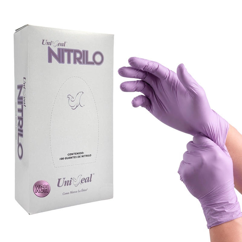 Guante Nitrilo No estéril Metálico UNISEAL Para examen Libre de Polvo Texturizado color Púrpura Talla Extra Chico, Caja con 100 guantes. 