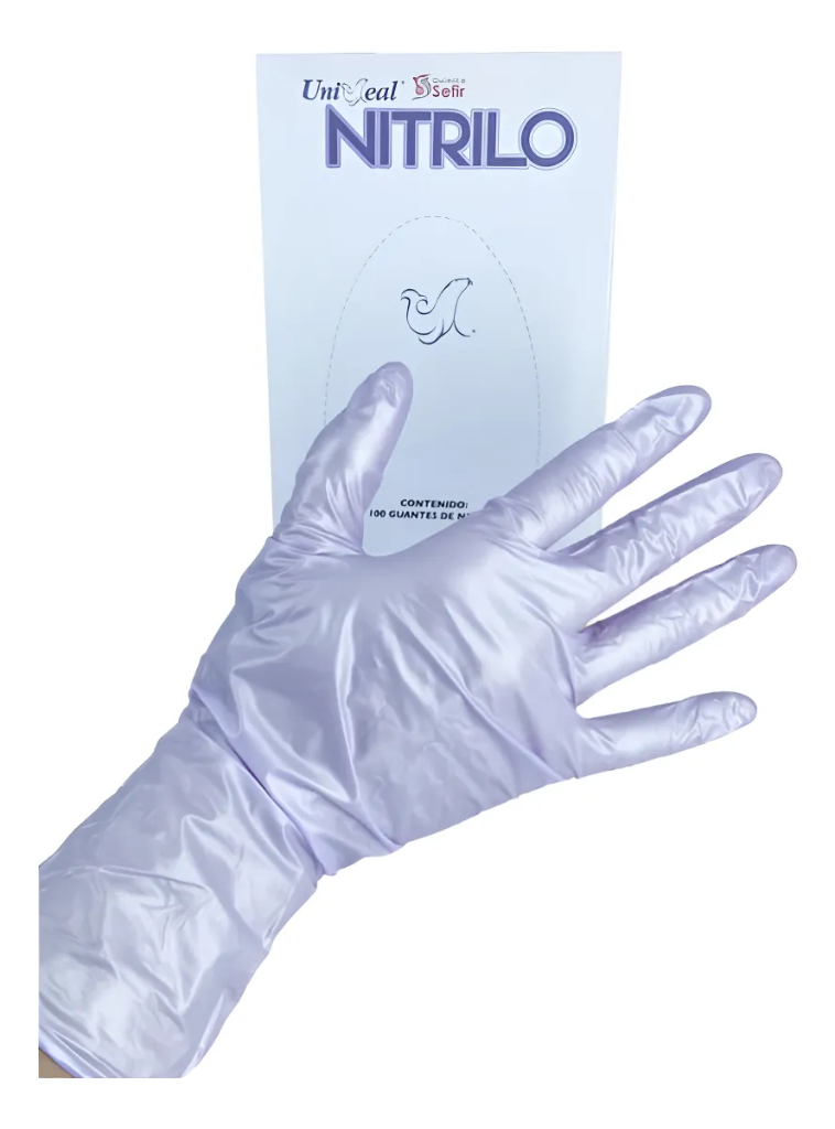 Guante Nitrilo No estéril Metálico UNISEAL Para examen Libre de Polvo Texturizado color Púrpura Talla Mediano, Caja con 100 guantes.