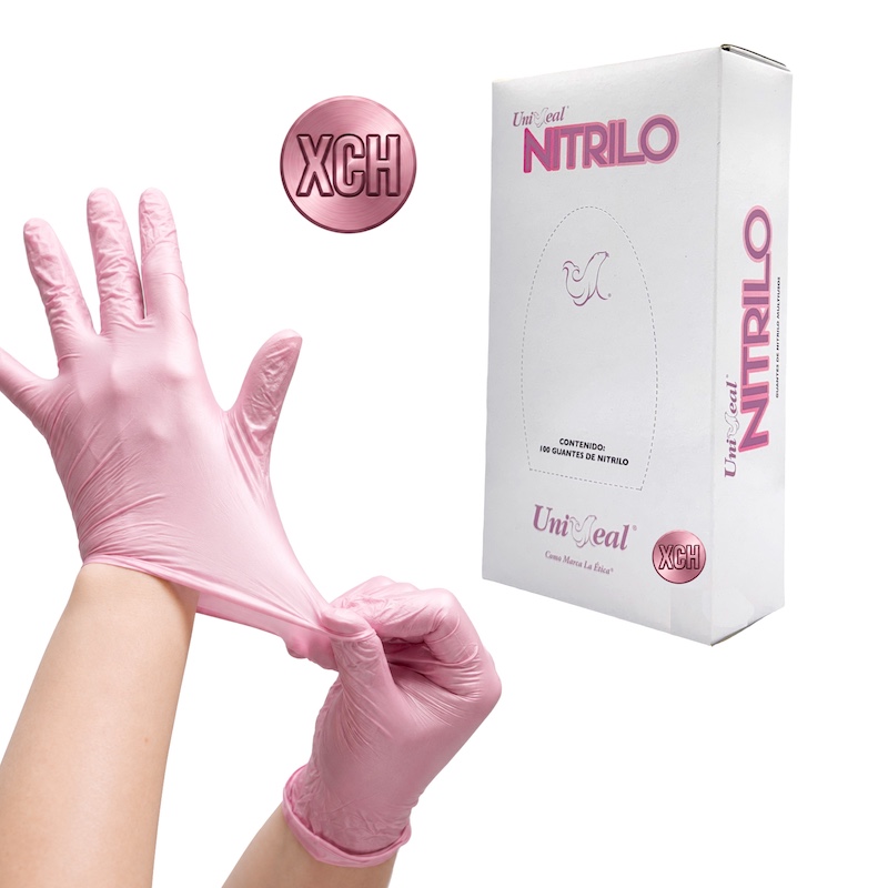 Guante Nitrilo No estéril Metálico UNISEAL Para examen Libre de Polvo Texturizado color Rosa Talla Extra Chico, Caja con 100 guantes. 