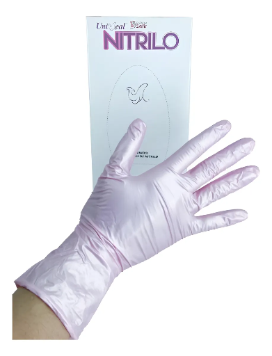 Guante Nitrilo No estéril Metálico UNISEAL Para examen Libre de Polvo Texturizado color Rosa Talla Grande, Caja con 100 guantes.