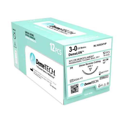 Sutura Nylon 3-0 aguja Reverso Cortante 24 mm 3/8 circulo hebra de 75 cm color Negro. Caja con 12 piezas. 
