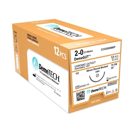Sutura Catgut Crómico 2-0 aguja Ahusada de 26 mm 1/2 circulo hebra de 75 cm. Caja con 12