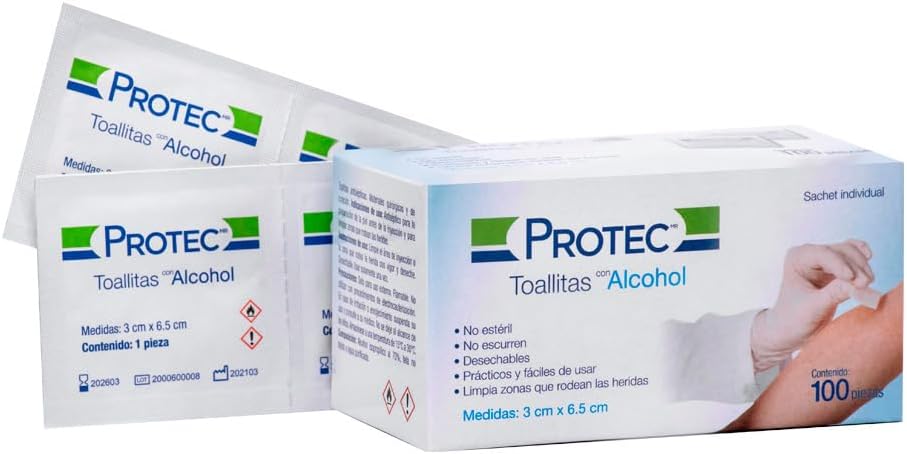 Toallas alcoholadas medidas 3 x 6.5 cm empacadas individualmente. Caja con 100 
