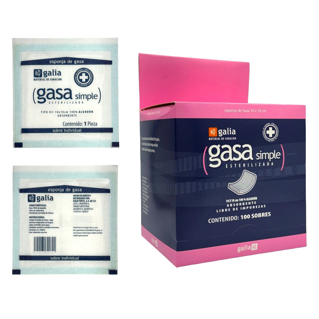 Gasa Esterilizada 10*10 cm. Tipo VII 8 Capas Tejido Plano 20X12.         Exhibidor con 100 sobres.