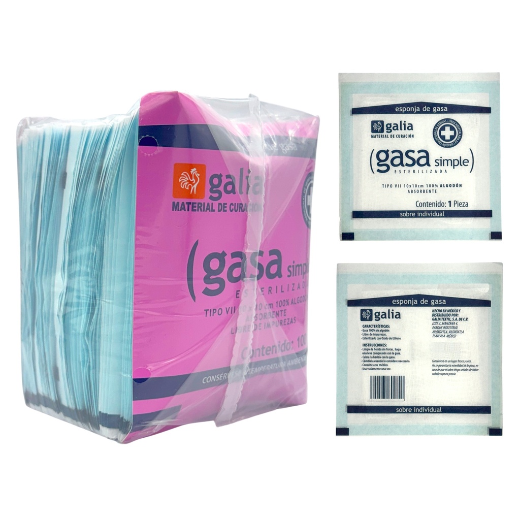Gasa Esterilizada 10x10 cm. Tipo VII 8 Capas Tejido Plano 20x12.         Bolsa con 100 sobres. (Refill) GALIA